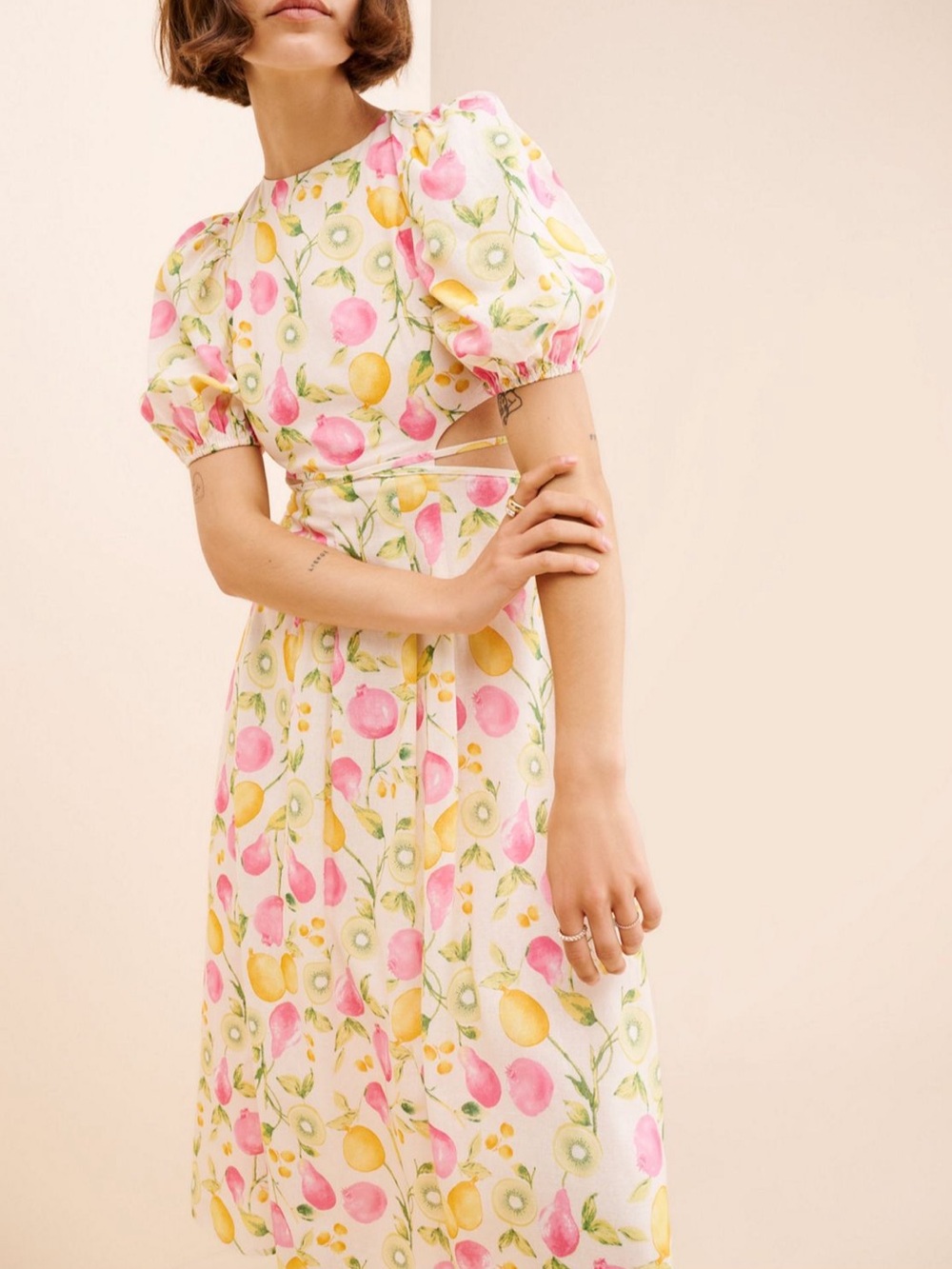 Anthropologie En Saison Ula Midi Dress in Pink Fruits Multi Size Medium